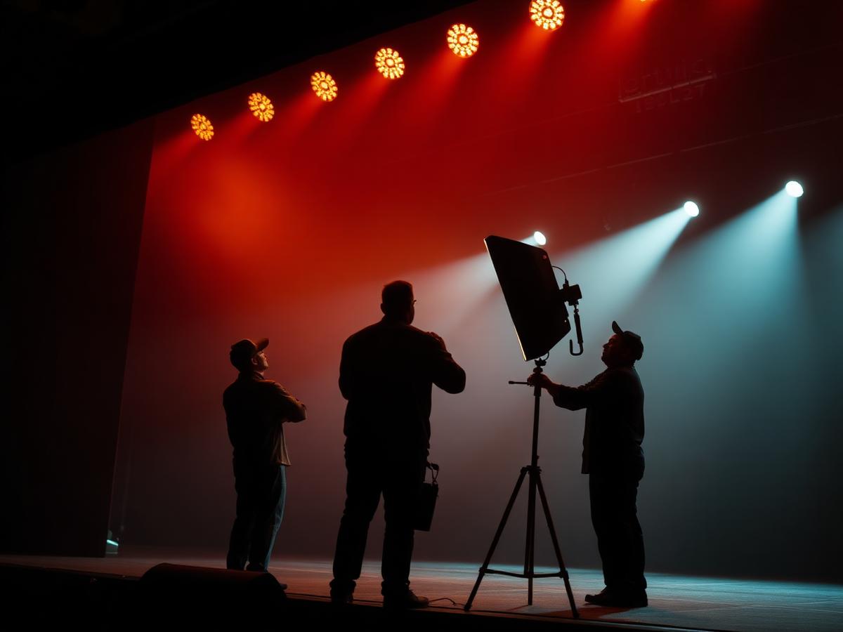 Silhouettes of stage crew adjusting a light