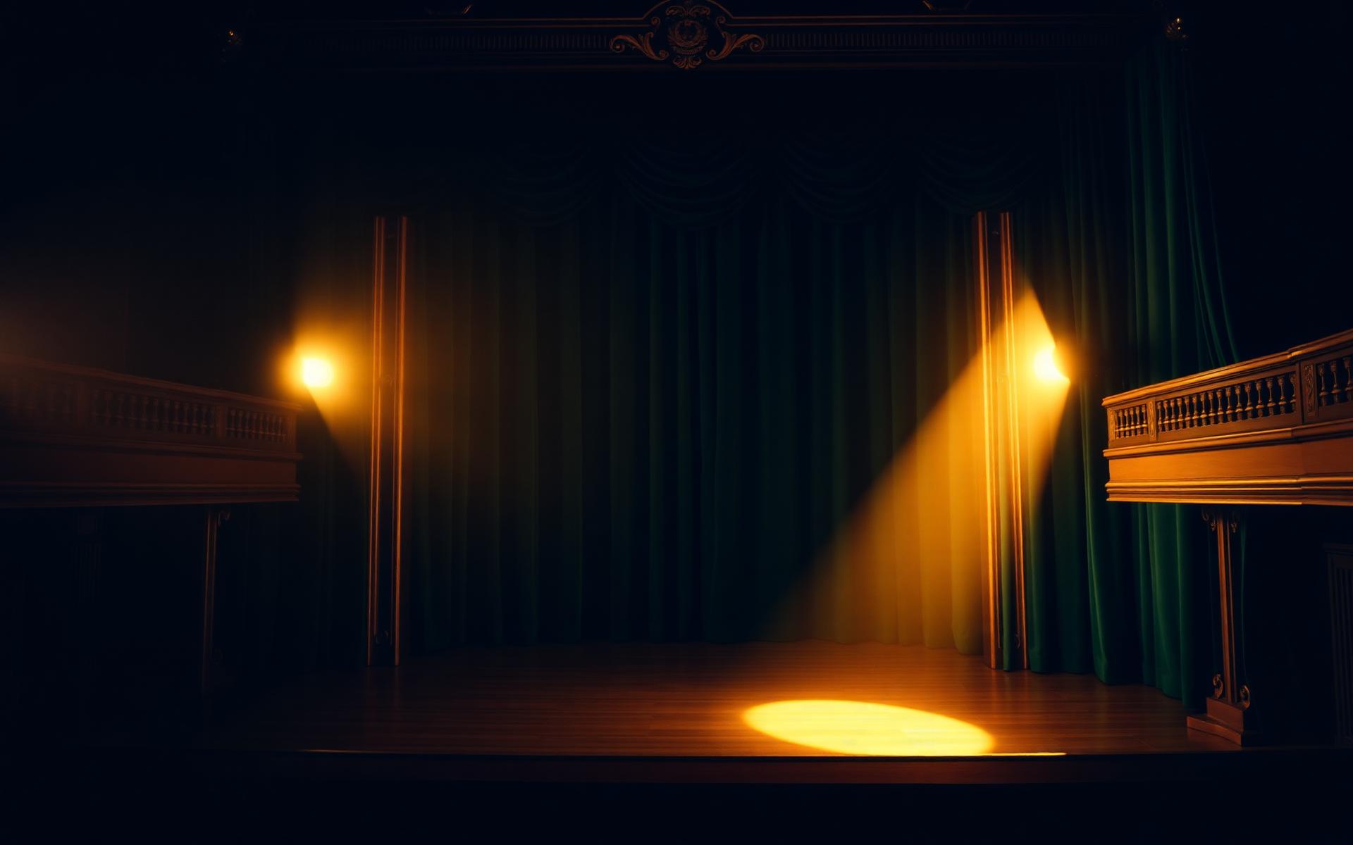 Empty theatre stage lit by a single warm spotlight