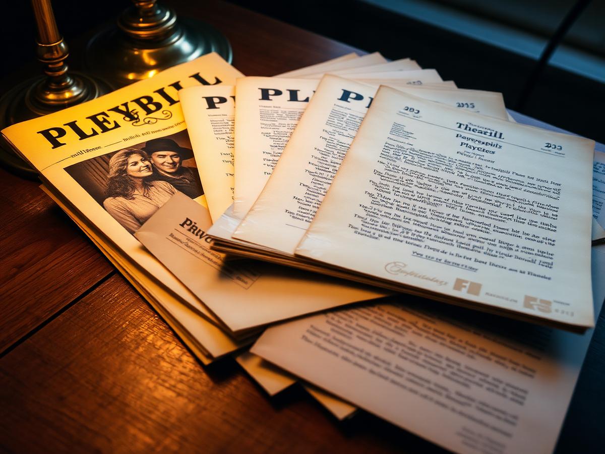 Playbills stacked in warm lamp light