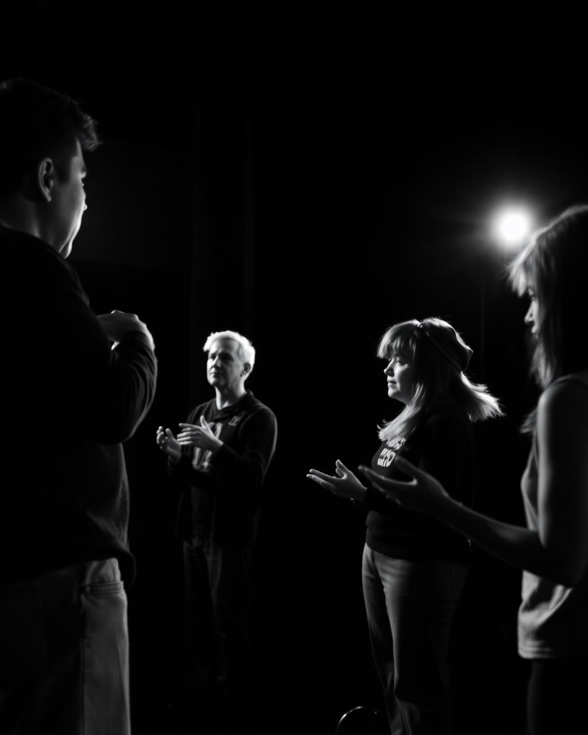Actors rehearsing in a dark theater